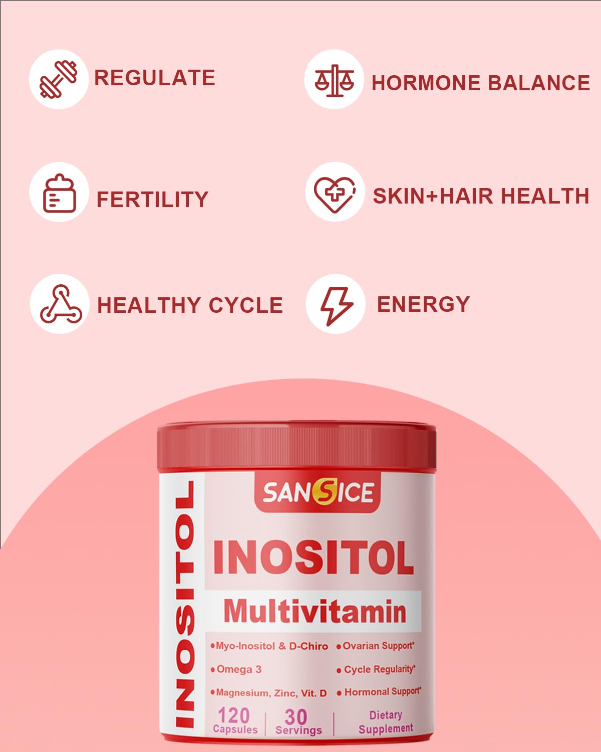 SANSICE Inositol Multivitamin Capsules, 2000mg Myo-Inositol & 50mg D-Chiro Inositol 40:1 Blend, Vitamin B8 Supplement for Female Hormone (120 Capsules)