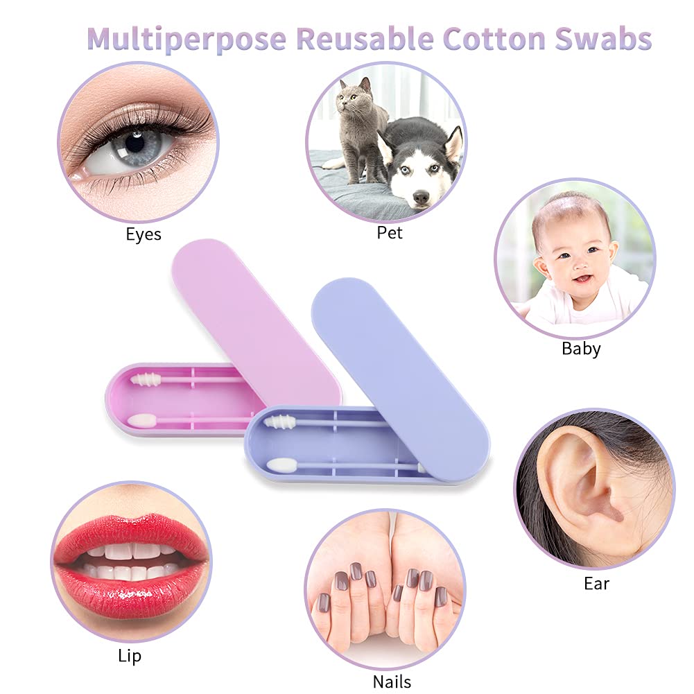 Cotton Swabs 2 Pack Portable Silicone Swab Cleanable Double-Tipped Ear Cleaning Cosmetic Cotton Buds Sticks Travel Makeup