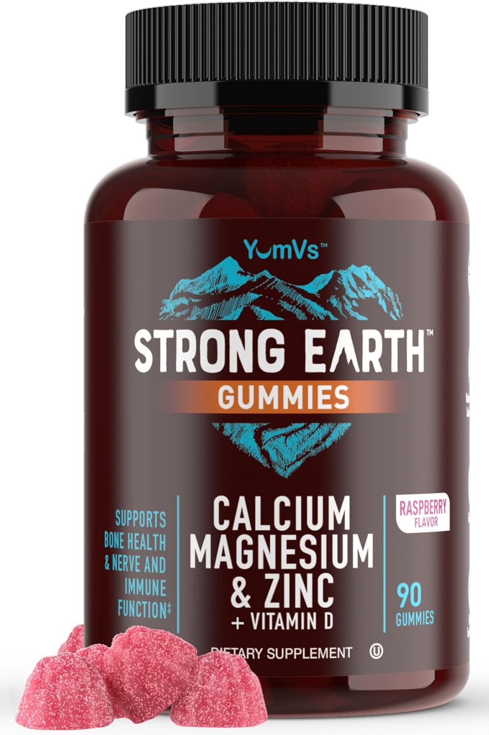 YUM-V'S Strong Earth Calcium, Magnesium, Zinc and Vitamin D Gummies (90 Count) Calcium Gummies with Vitamin D3 + Zinc & Magnesium Supplements, Delicious Bone Health Gummy Supplements