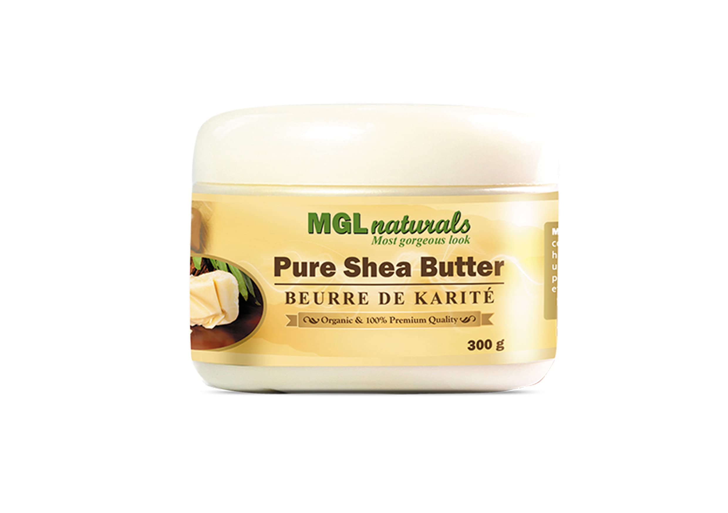 MGL Naturals Unrefined African Shea Butter Ivory whipped, 100% Raw, Organic | Apple and honeysuckle scented. Moisturizing body and hair butter from Ghana. 11 oz / 300g