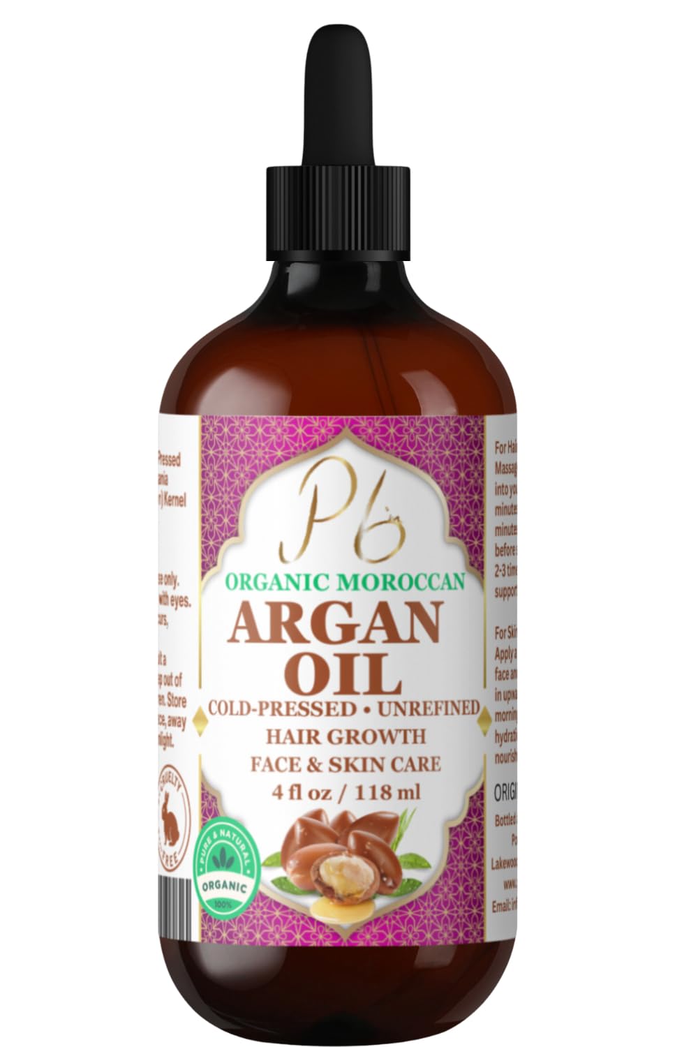 Pomberries Organic Moroccan Argan Oil – 100% Pure Cold-Pressed Virgin Oil for Hair, Skin, Face, Scalp & Body – Natural Moisturizer, Argan Hair Treatment, Glass Bottle – 4 fl oz