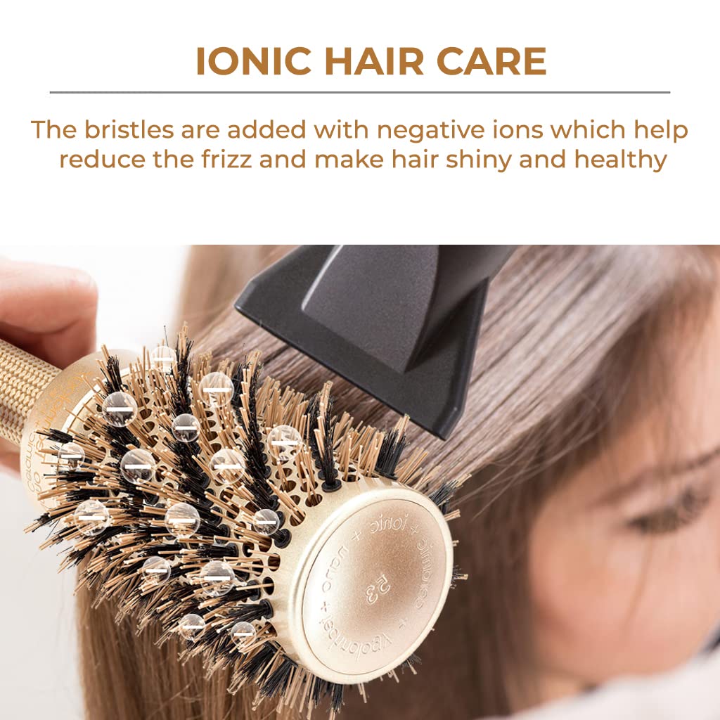 Blow-dry Round Brush for Salon-Like Blowouts, Styling, Curling Short Hair (Chin to Neck) with Bouncy Curls & Shine, Small Ceramic & Ionic Boar Hairbrush, 1.3 Barrel, 2.4 with Bristles