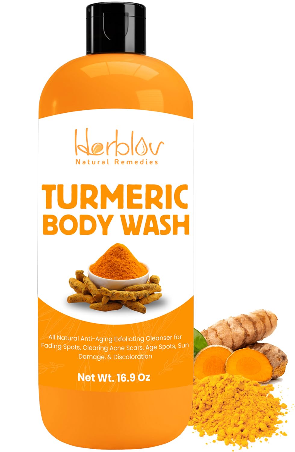 Herblov Turmeric Body Wash – Skin Brightening Liquid Soap for Discoloration – Natural Anti Aging Exfoliating Turmeric Body Wash for Spots, Acne, Sun Damage – Bath Soap Skincare