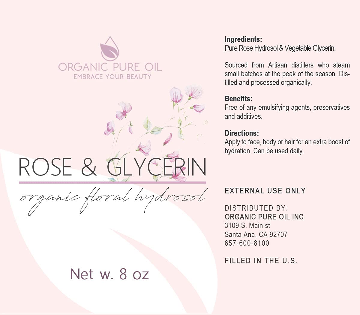 Rosewater Glycerin Mist Toner Bulk Spray Facial Body Floral Cleanser Pure Rose Hydrosol and Vegetable Glycerine Moisturizing Cleansing Toning Mix for Face Skin Hair Body (8 Ounces)