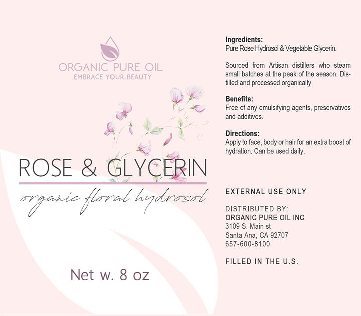 Rosewater Glycerin Mist Toner Bulk Spray Facial Body Floral Cleanser Pure Rose Hydrosol and Vegetable Glycerine Moisturizing Cleansing Toning Mix for Face Skin Hair Body (8 Ounces)