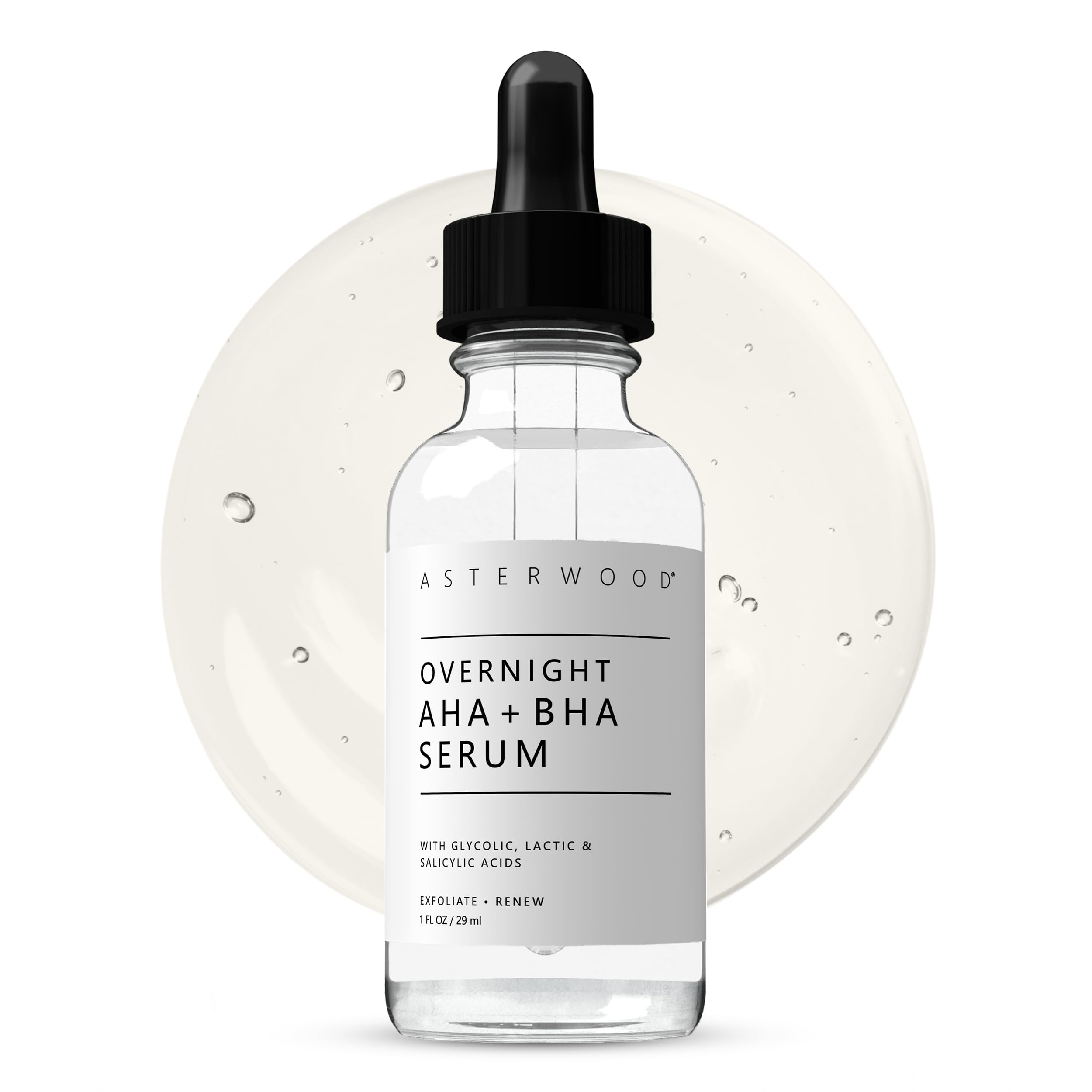 Asterwood Overnight Exfoliating Serum - AHA (Lactic Acid & Glycolic Acid) - BHA (Salicylic Acid) - Supports Improvement of Hyperpigmentation, Dark Spots - Fragrance-Free - 1 Fl Oz
