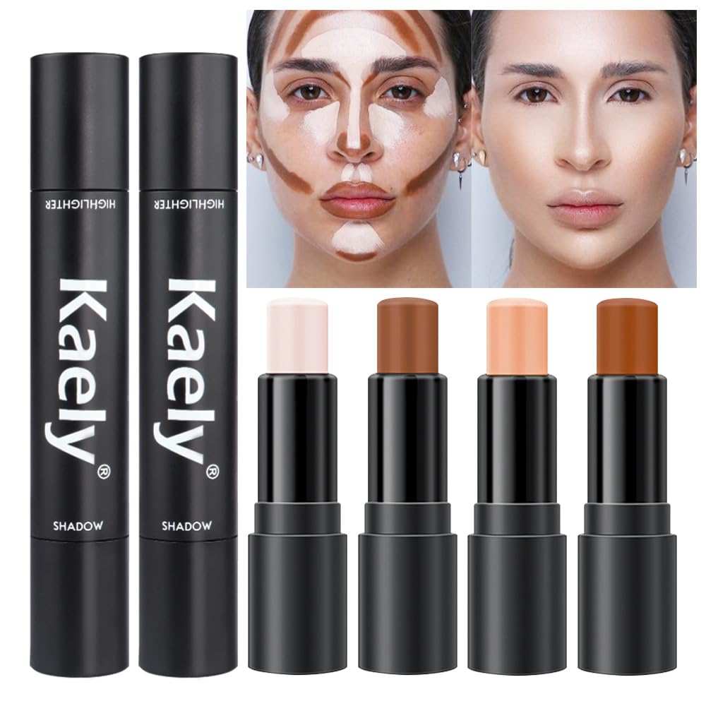 Kaely 4 Color Highlighter Contour Stick,Cream Contour Palette Kit for Beginners,Bronzer Contouring Sticks,contorno maquillaje para mujer en oferta,Concealer Stick Primer Face Makeup Brightener,01+03