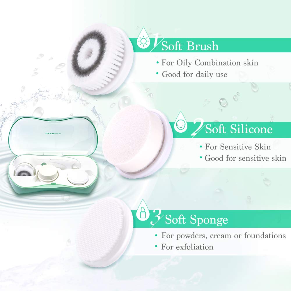 TOUCHBeauty Facial Brush Skin Deep Cleansing & Exfoliating Device FDA Certification with 3 Spin Brushes Original & Official Manufacture Direct | Travel Case, Waterproof, Battery Powered Mint Green