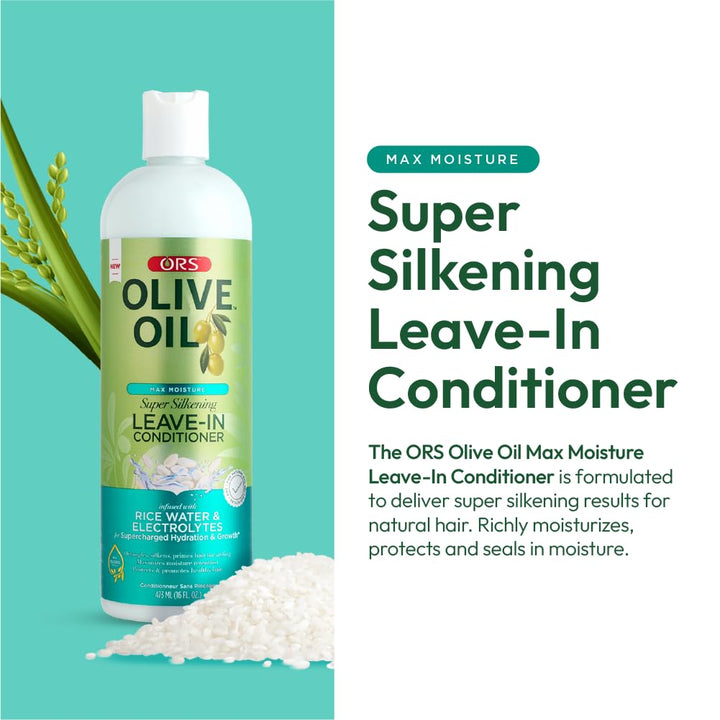 ORS Olive Oil Max Moisture Leave-In Conditioner with Rice Water and Electrolytes for Supercharged Hair Hydration 16.0 Ounce (1)