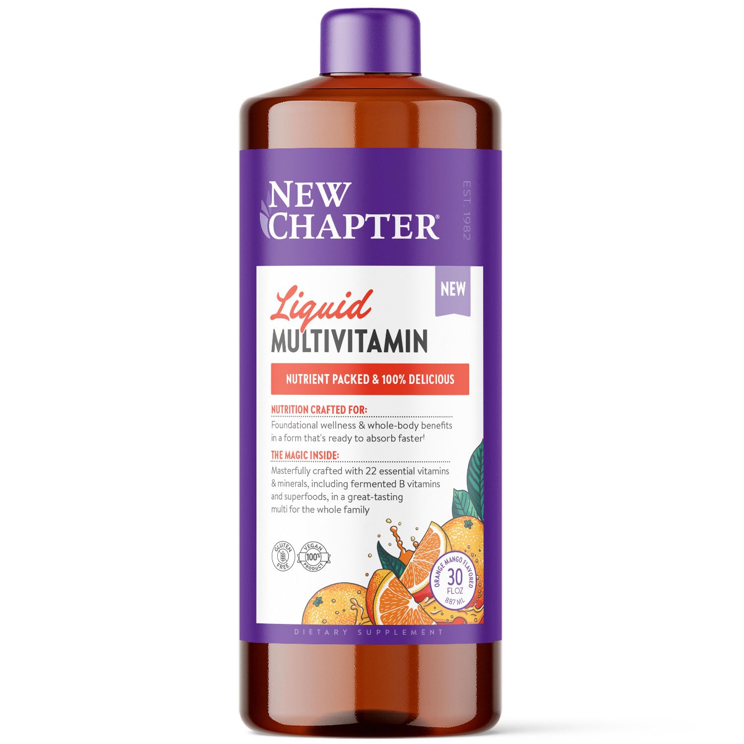 New Chapter Liquid Multivitamin + Mineral Supplement for Whole-Body Benefits, 100% Delicious Multivitamin for Adults, Teens & Kids 2+, Ready to Absorb Faster, Orange Mango Flavored, 30 oz