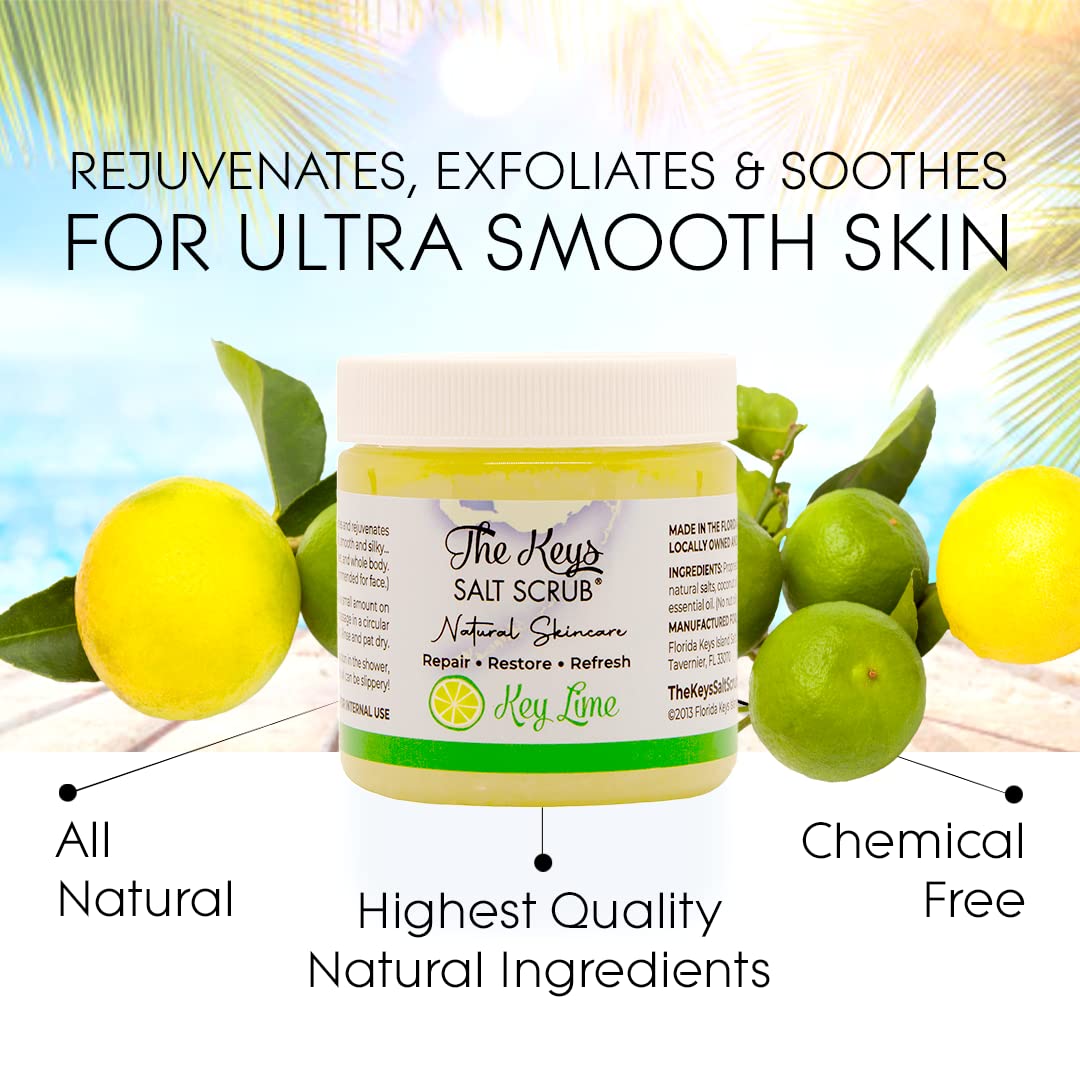 The Keys Sea Salt Body Scrub - Exfoliating With Wooden Spoon for Men, Women - Foot and Hand Scrub Made With Pure Florida Sea Salt, Organic Essential Oils & Nutrients (Key Lime, 3.4 oz)