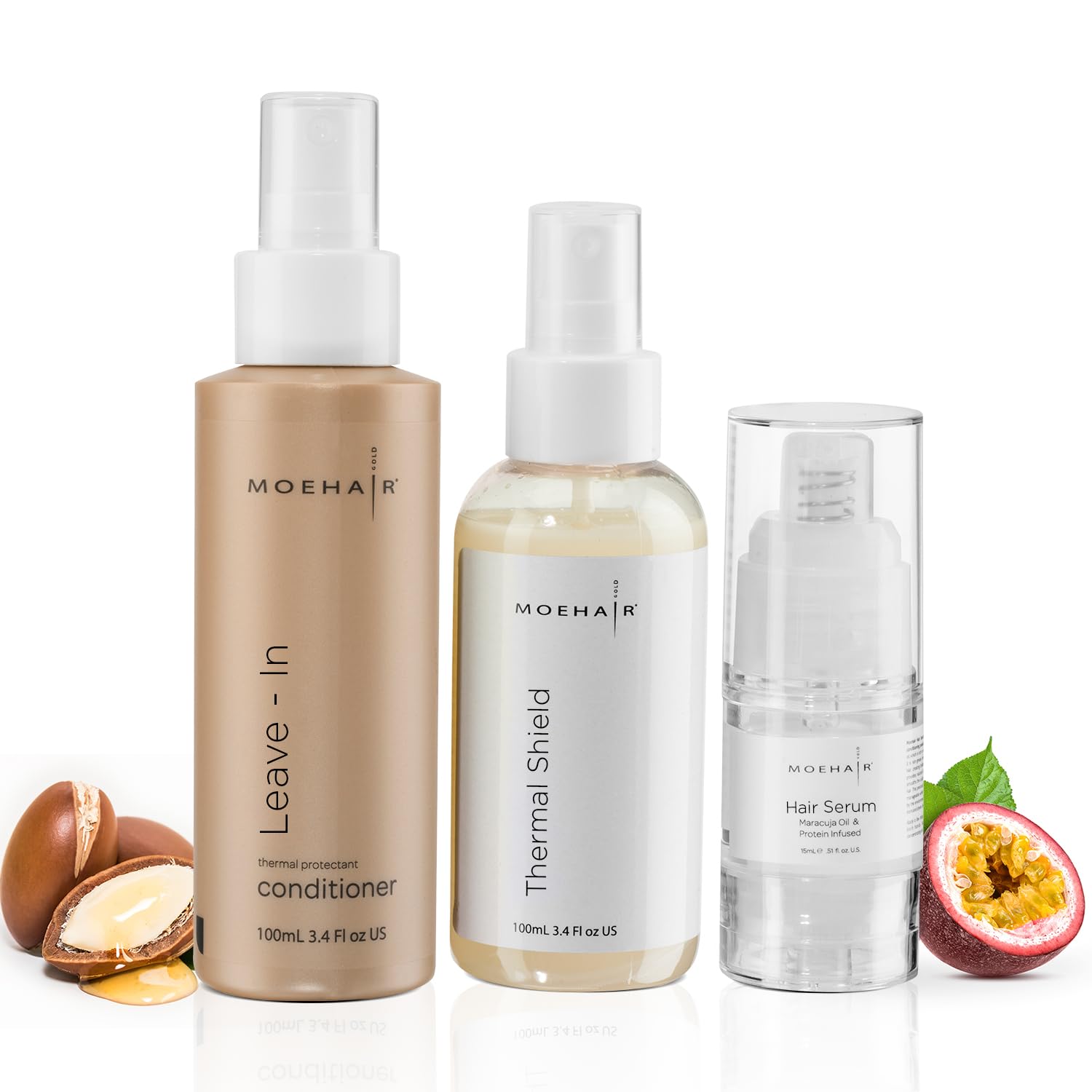 MOEHAIR Travel Trio Pack: Leave-in Conditioner & Thermal Shield Spray 3.4 Fl Oz each, and Hair Serum (0.5 Fl Oz) | Deep Conditioning and Heat Protectant Set