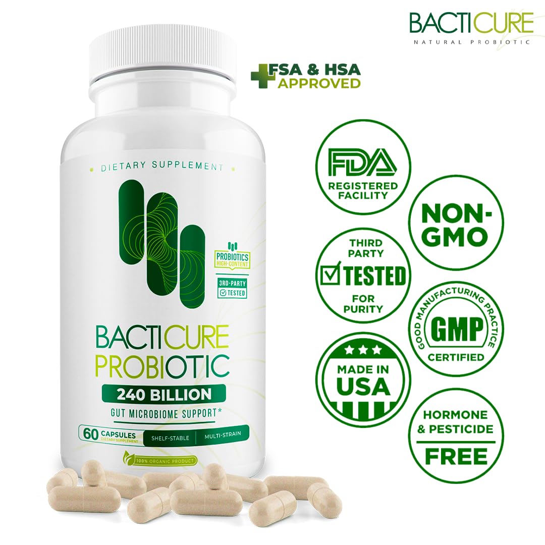 Bacticure (240 Caps) High CFU Formula with Probiotics for Women & Men, Supports Digestive & Vaginal Health, Promotes Healthy Digestion, Colon Cleanse, Prebiotics, Digestive Enzymes & Immune Support