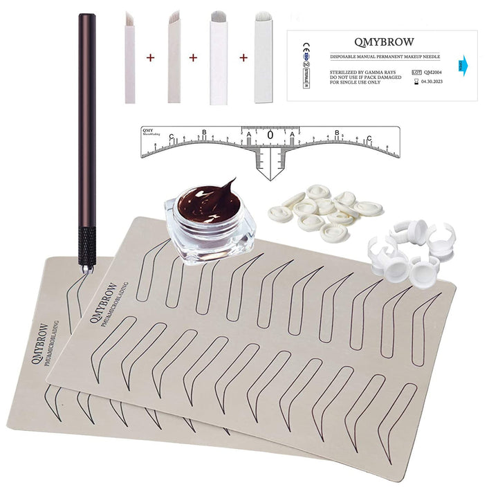 Microblading kit Eyebrow Micro Needling Pen Set with Blades Pigment Practice-skin Ring cup for eyebrow tattoo Permanet Makeup Tatto Kits- QMYBrow