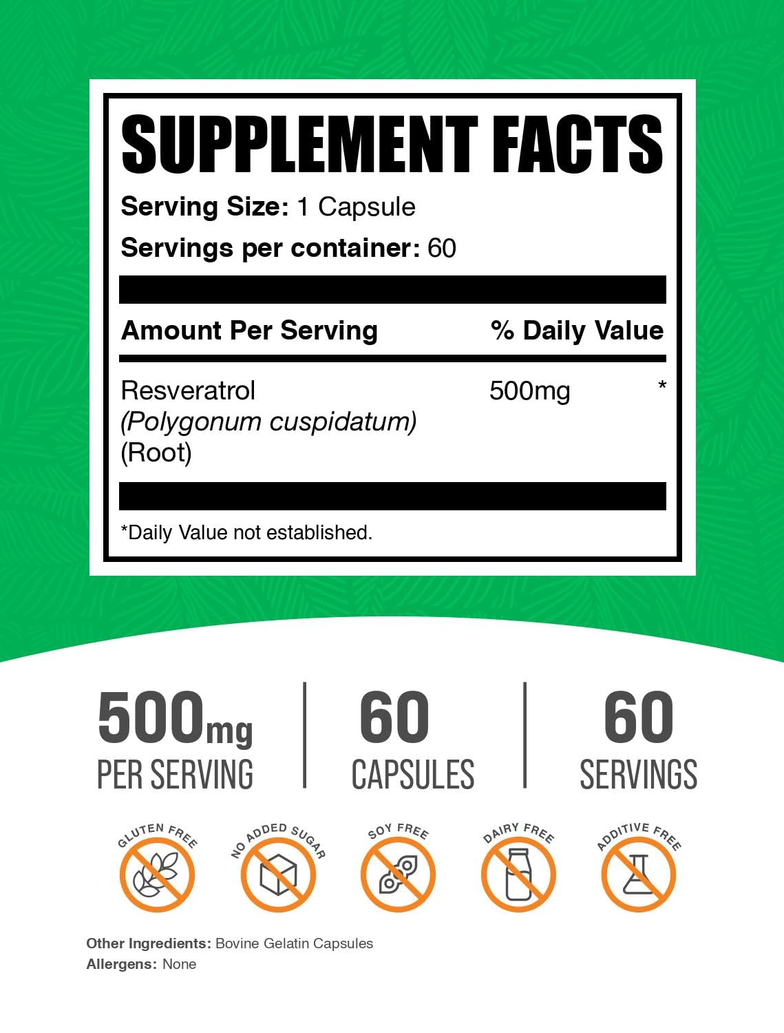 BulkSupplements.com Resveratrol Capsules - Resveratrol Supplement, Polygonum Cuspidatum, Resveratrol 500mg - Antioxidants Supplement, Resveratrol Pills - 1 Capsule per Serving, 60 Capsules