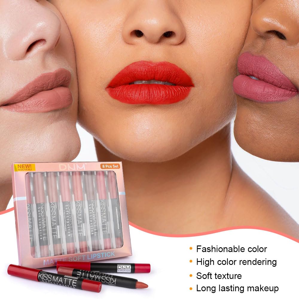 evpct 8Pcs Matte Lipstick and Lip Crayon Lip Liner Pencil Pen Set for Women Dark Ruby Deep Red Nude Beige Chestnut Brown Mauve Plum Purple Wine Red Matte Lip Liner Crayon and Liquid Lipstick 03