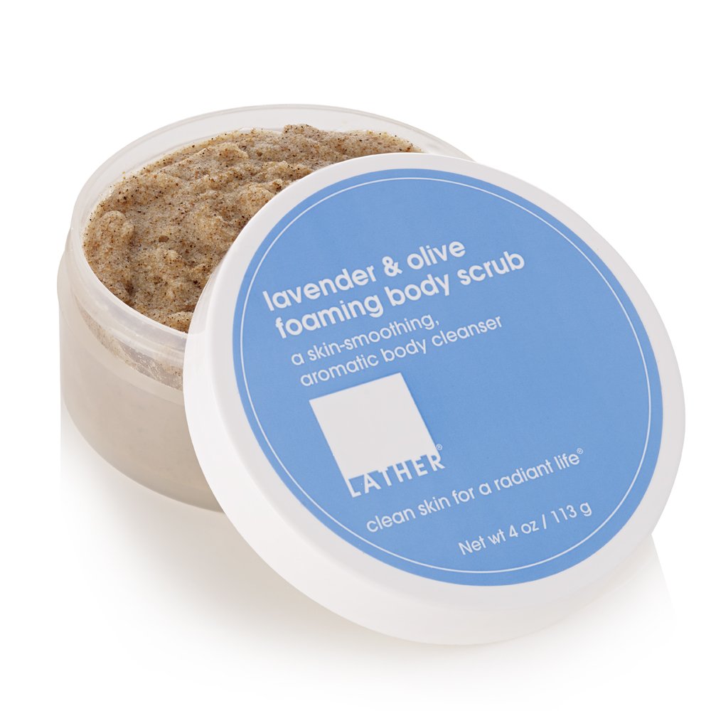 LATHER Lavender and Olive Foaming Body Scrub | Dual Body Scrub & Body Wash | Exfoliating Body Scrub | Body Skin Care Products | Body Scrubber | Body Scrub, Hand Scrub & Leg Exfoliator | 4 oz Jar