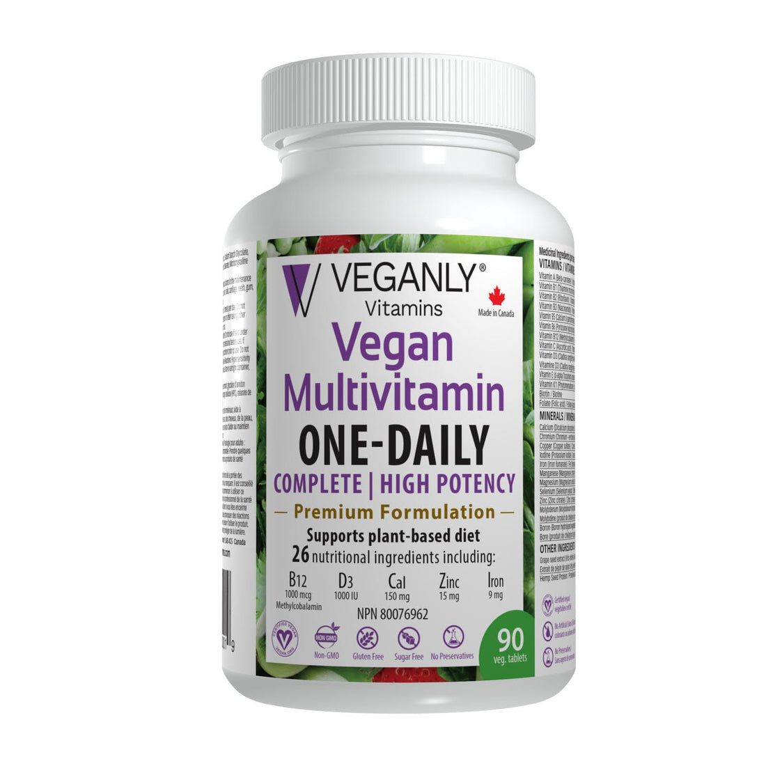 VEGANLY Vitamins Vegan Multivitamin One-Daily, (90 Veg Tablets). Complete Vegan Nutrition Support for Plant-Based, Vegan or Vegetarian Diets. 26 Essentials with High Potency in B12 & D3.