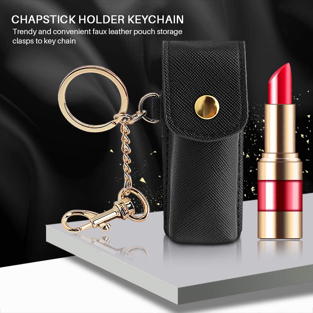 Chapstick Keychain Holder, 2 Packs Fashion Lipstick Case Holder Lip Balm Holder with Key Chain, Portable, Gift for Women Girls (Black)