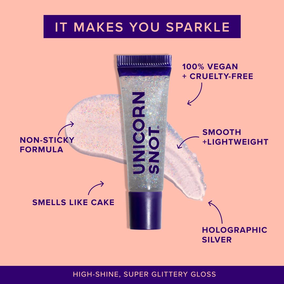 UNICORN SNOT Glitter Lip Gloss - Sparkly Lip Shine - Stocking Stuffers for Women, Gifts for Teen Girls - Vegan & Cruelty-Free Non-Sticky Formula Lip Gloss Glitter Makeup - Holographic Silver (Disco)