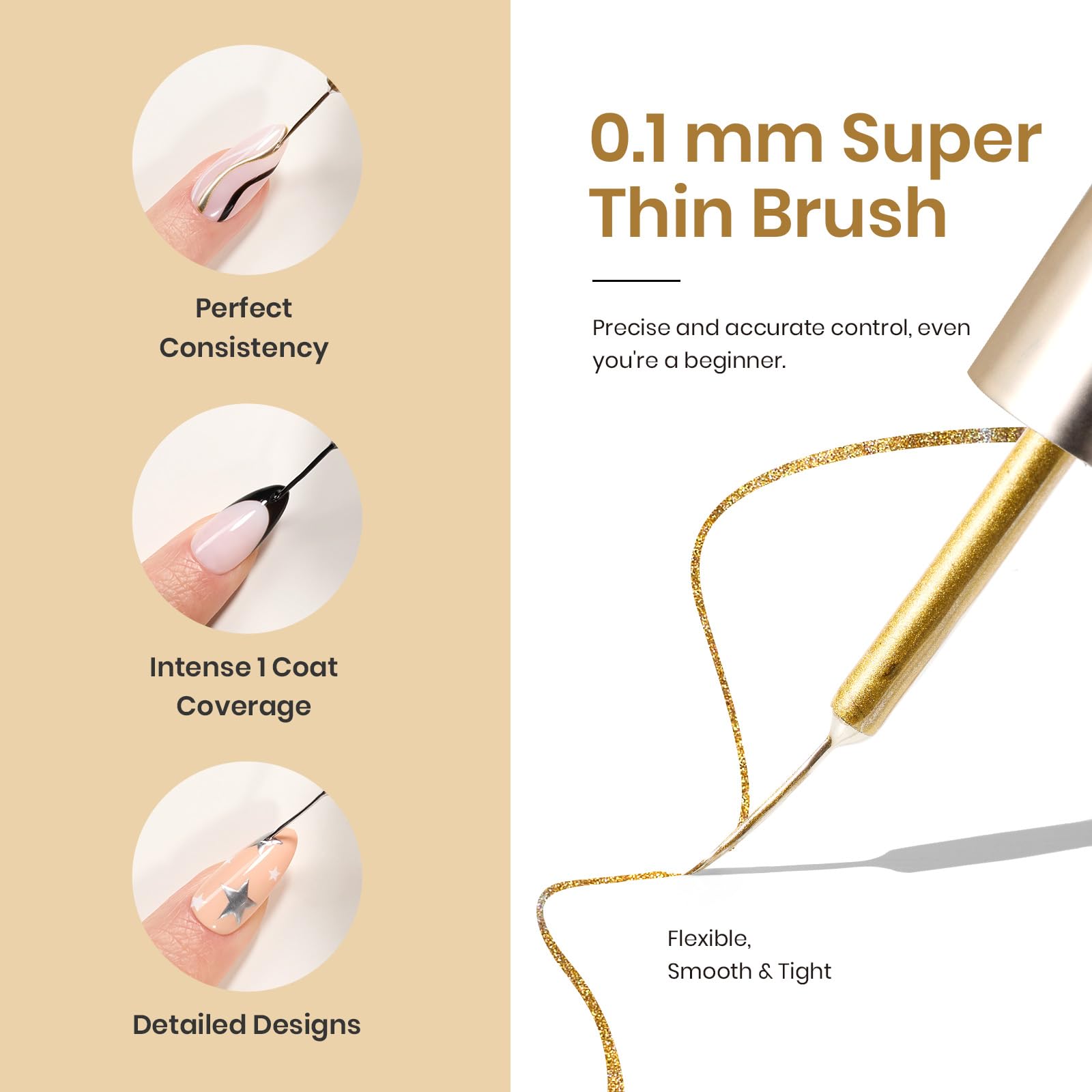 Beetles Gel Liner Nail Polish Set 10ml, 4 Pcs Nail Art Liner Gold Glitter Silver Black White Gel Polish Kit, 3D Mirror Gel Painted Glossy Swirl French Chrome Effect Nail Design Gift for Women