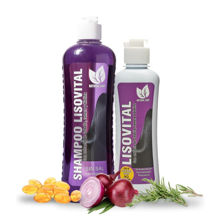Natural Sant - Liso Vital duo kit - Shampoo & Leave-In Conditioner, Anti Frizz, Heat Protectant for Hair with Red onion extract, Biotin & Rosemary