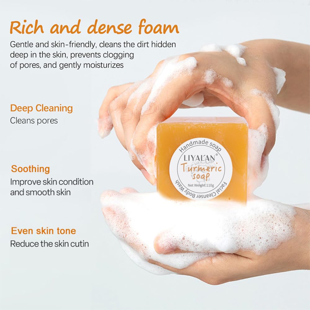 LIYALAN Turmeric Soap Bar 3.88 oz X 2Bars for Face Body Smooth Skin,Cleansing Natural Handmade Sensitive Skin Vegan Formula