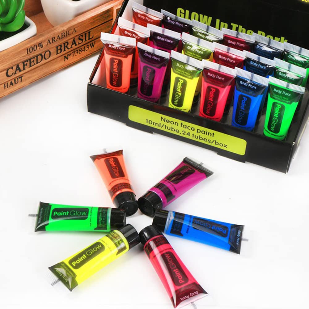 UV Neon Face & Body Paint Glow Kit -24 tubes/Box- Neon Face Paint In the Dark UV Glow Blacklight Halloween Face & Body Paint