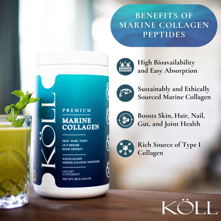 KÖLL Marine Collagen Peptides Powder, Unflavored & Sugar-Free | 10,000mg Hydrolyzed Collagen Supplements | Wild-Caught Sourced, Non-GMO & Zero Preservatives Type 1 Collagen for Bone & Skin Health