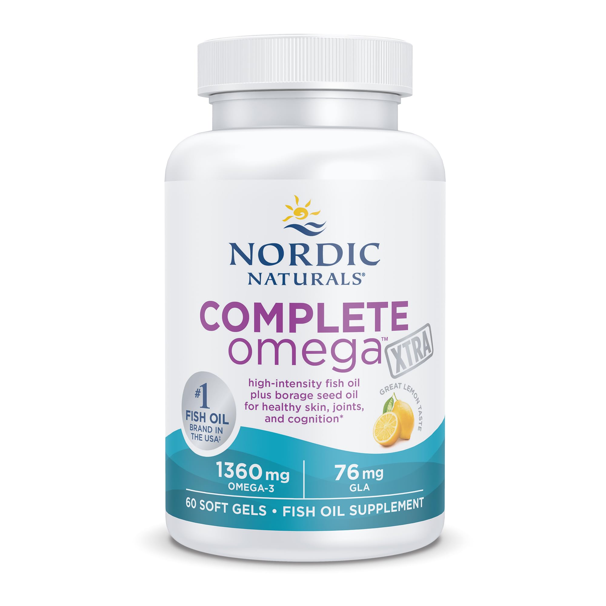 Nordic Naturals Complete Omega Xtra, Lemon - 60 Soft Gels - 1360 mg Omega-3 + 76 mg GLA - Healthy Skin, Joints & Cognition - Non-GMO - 30 Servings