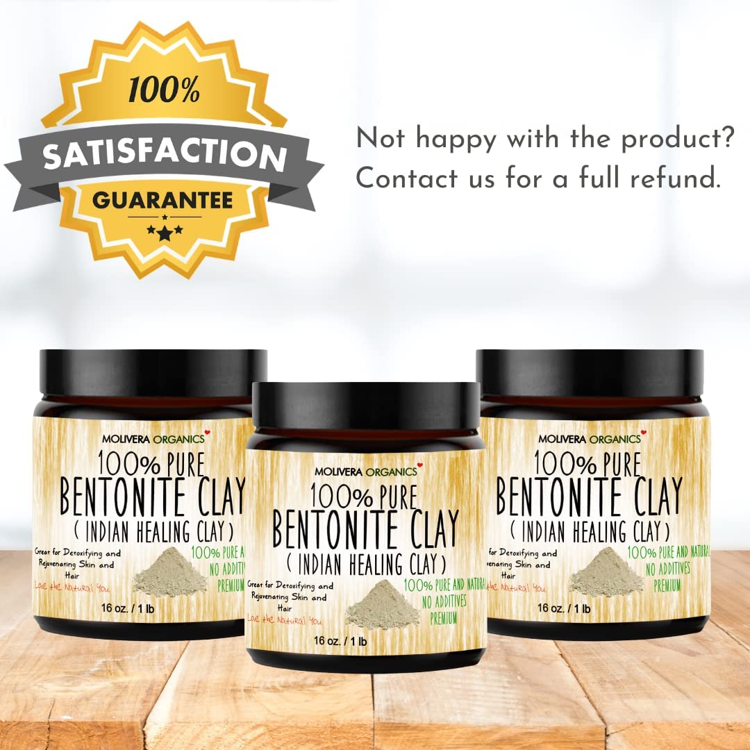 Molivera Organics Premium 1 lb Bentonite Clay Pure, Natural Detoxifying Clay for Face Masks, Hair Care & More - Best Healing Clay - USA Made