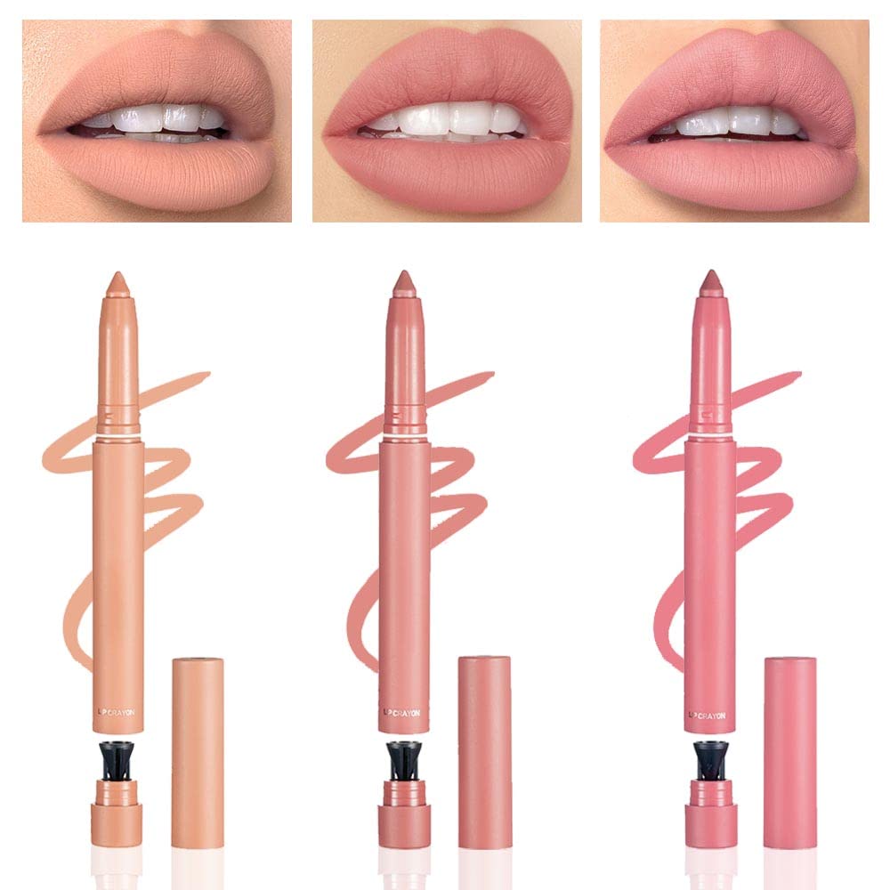 SUAKE Matt Nude Lipstick Lipliner Pack Set, 3 Colors Waterproof Crayon, Longwear Moisture Smooth Matte Lipstick Pencils with Built-in Sharpener, Lip Makeup