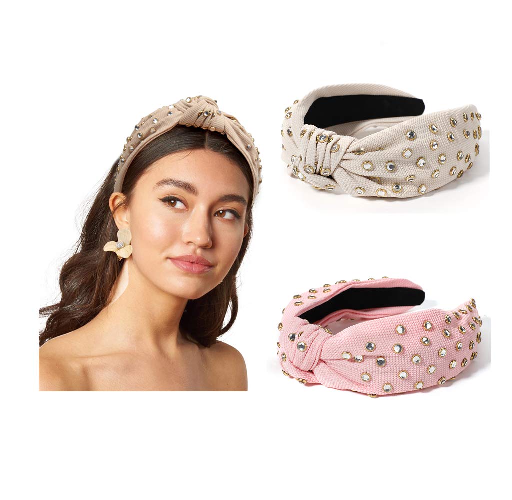 Knot Headbands for Women Knotted Pearl Colorful Rhinestone Jeweled 2 Pcs Beaded Wide Band Fashion Headbands For Girl Bohemian Hairband