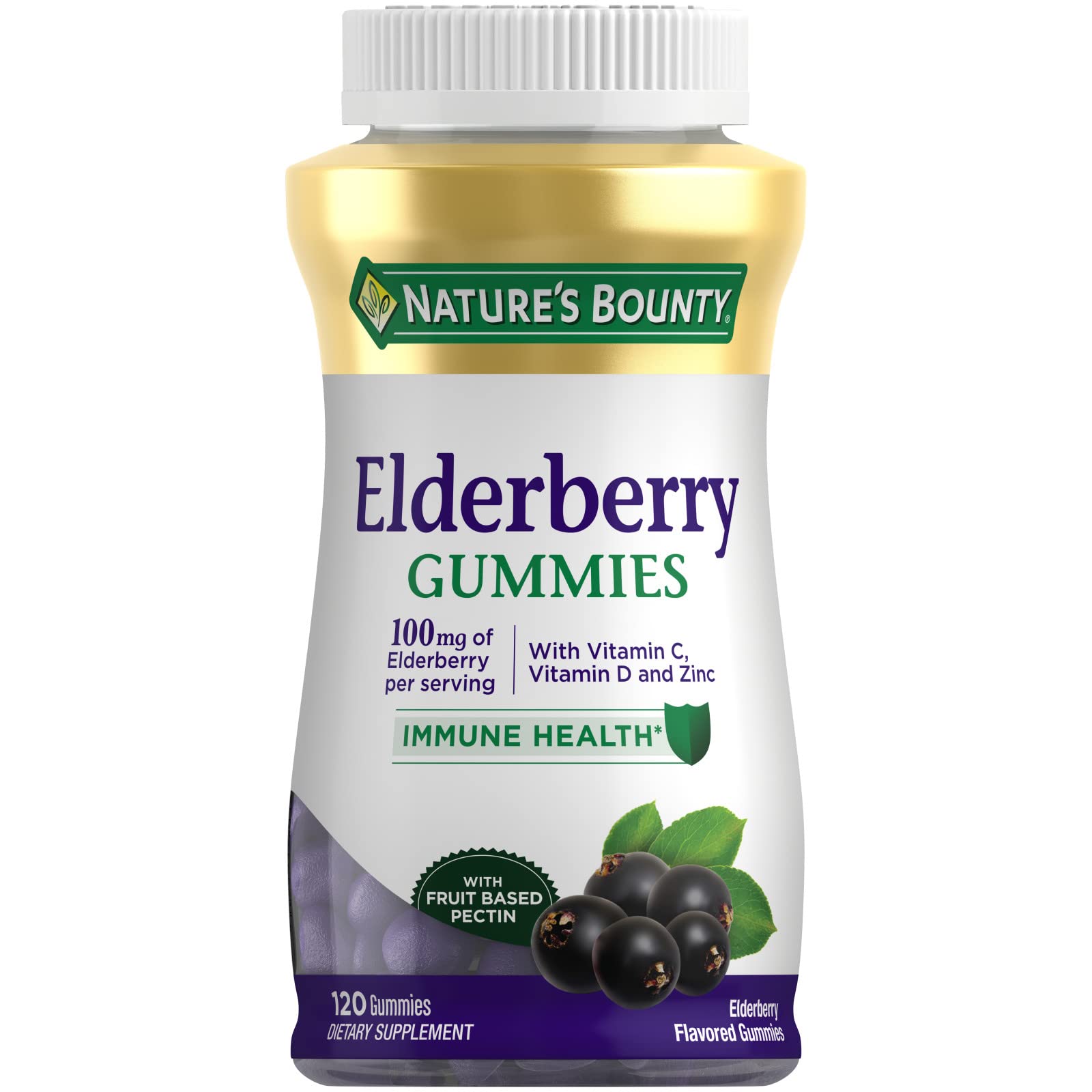 Nature's Bounty Elderberry Gummies, Dietary Supplement, Supports Immune Health, Contains Vitamin A, C, D, E and Zinc, 100 mg, 120 Gummies