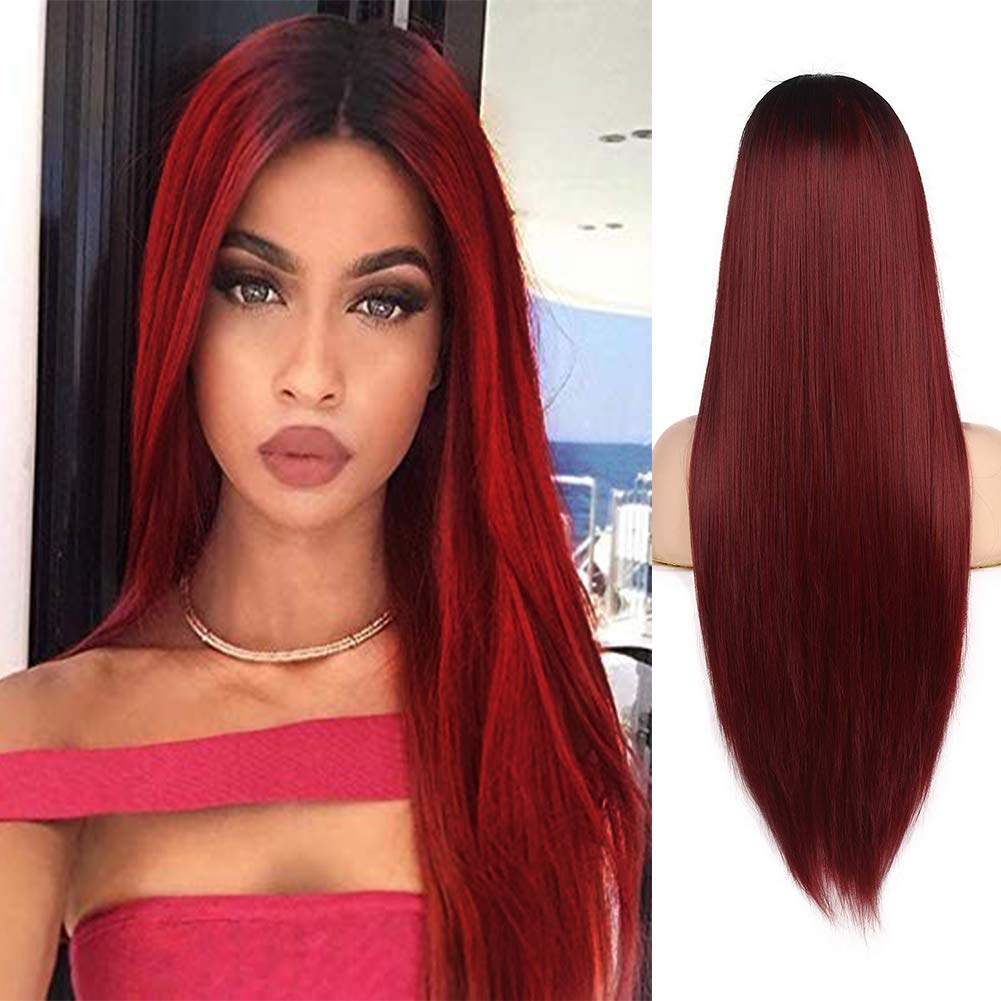 Kaneles Ombre Wine Red Wigs Long Straight Red Wigs for Women Ultra Soft Heat Resistant Fiber Party Cosplay Accessories
