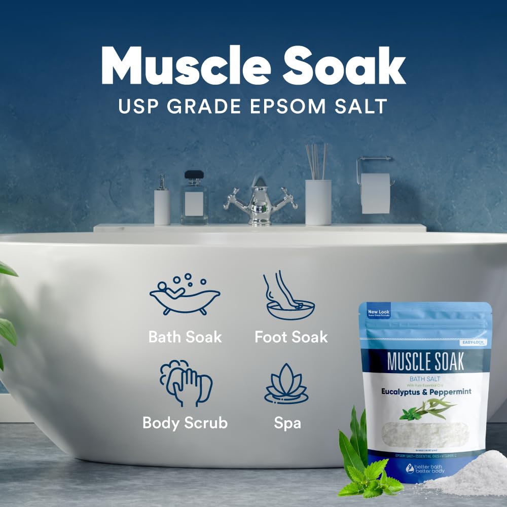 2 Pound : Muscle & Pain Relief Bath Salt 2 Pounds (32 Ounces) - Epsom Salt Bath Soak With Eucalyptus & Peppermint Essential Oil & Vitamin C - Natural No Perfume & Dyes - Relieve Aches & Joint Pains