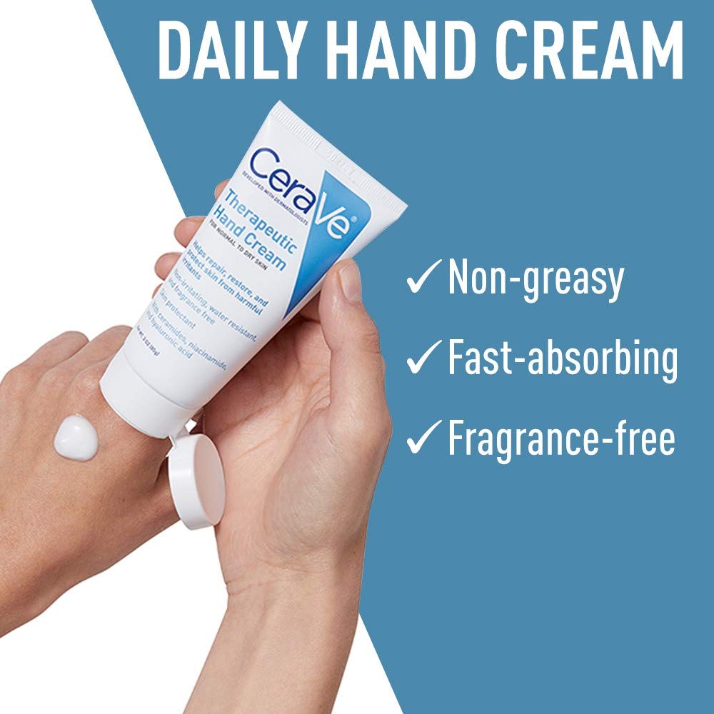 CeraVe Therapeutic Hand Cream for Dry Cracked Hands With Hyaluronic Acid and Niacinamide, Fragrance Free 3 Ounce