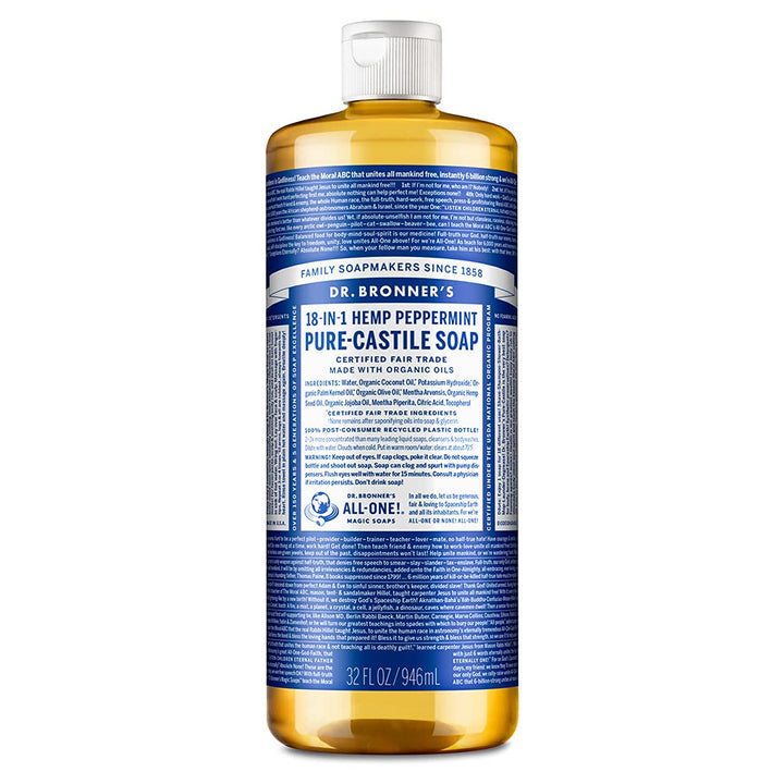 Dr. Bronner's - Pure-Castile Liquid Soap (Peppermint, 32 ounce) - Made with Organic Oils, 18-in-1 Uses: Face, Body, Hair, Laundry, Pets and Dishes, Concentrated, Vegan, Non-GMO