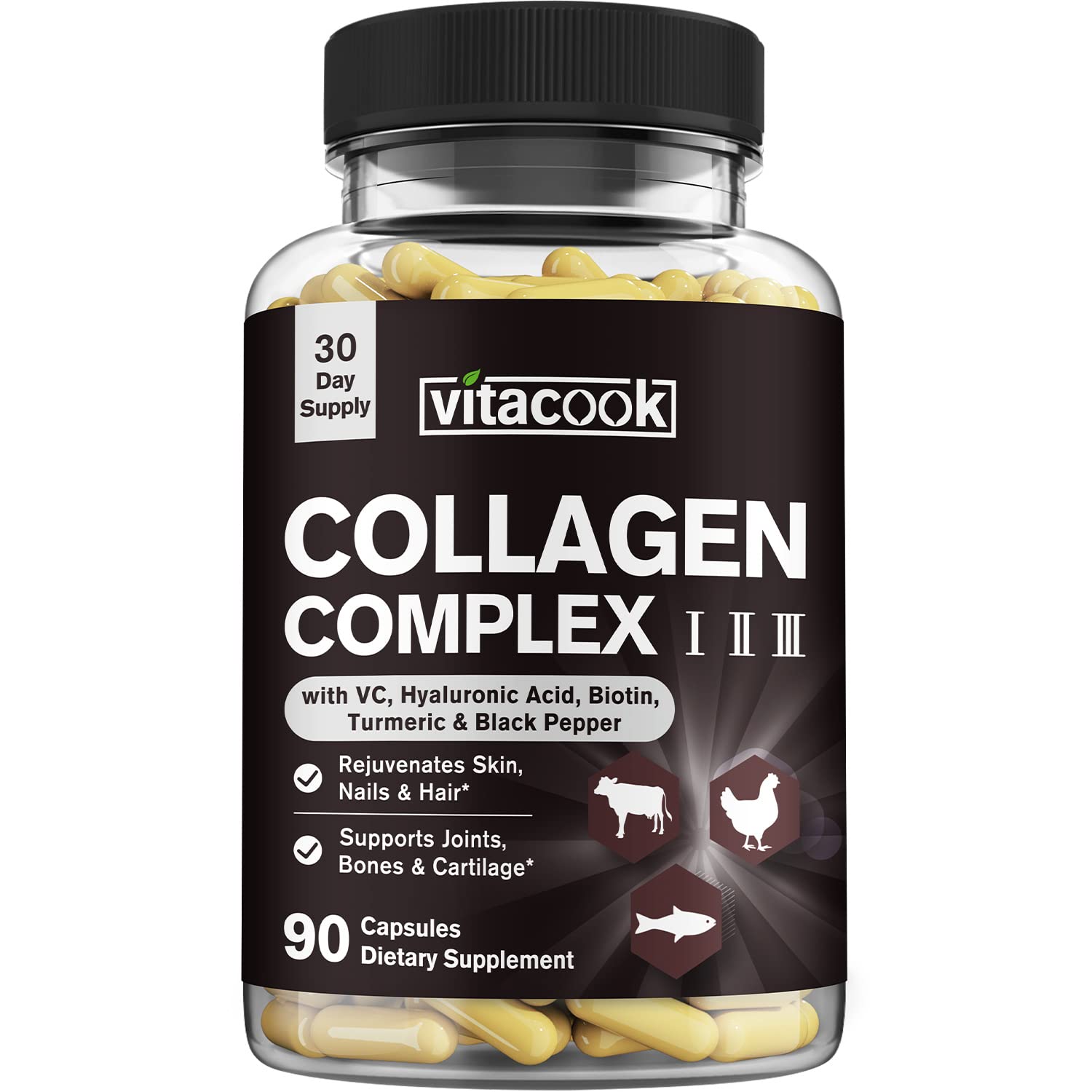 Vitacook Collagen Peptides Complex, Type I, II, III, 2025 MG, Hydrolyzed Multi Collagen, VC, Biotin, HA, Turmeric & Black Pepper, for Skin, Hair, Nails, Joints, 90 Caps