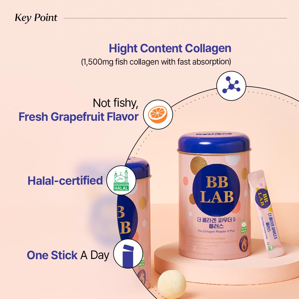 BB LAB Collagen Powder S Plus Halal, Low Molecular Korean Collagen Powder Stick Supplement, Marine, Fish Collagen Peptides, Vitamin C, Glycine, Fast Absorption, Grapefruit Flavor