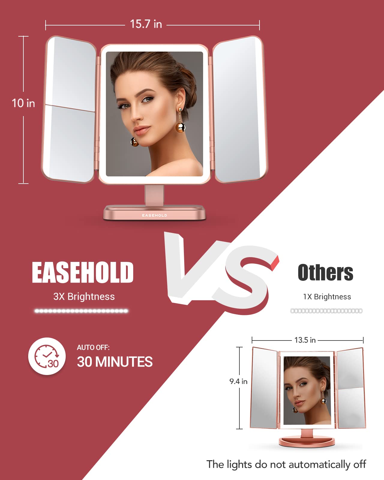 EASEHOLD Rechargable Makeup Mirror Vanity Mirror with Lights, 5000Mah & USB Cable, 112 LEDs Lighted Trifold Mirror with 1X 2X 3X 10X Magnification, Smart Touch, Portable Cosmetic Beauty Mirror