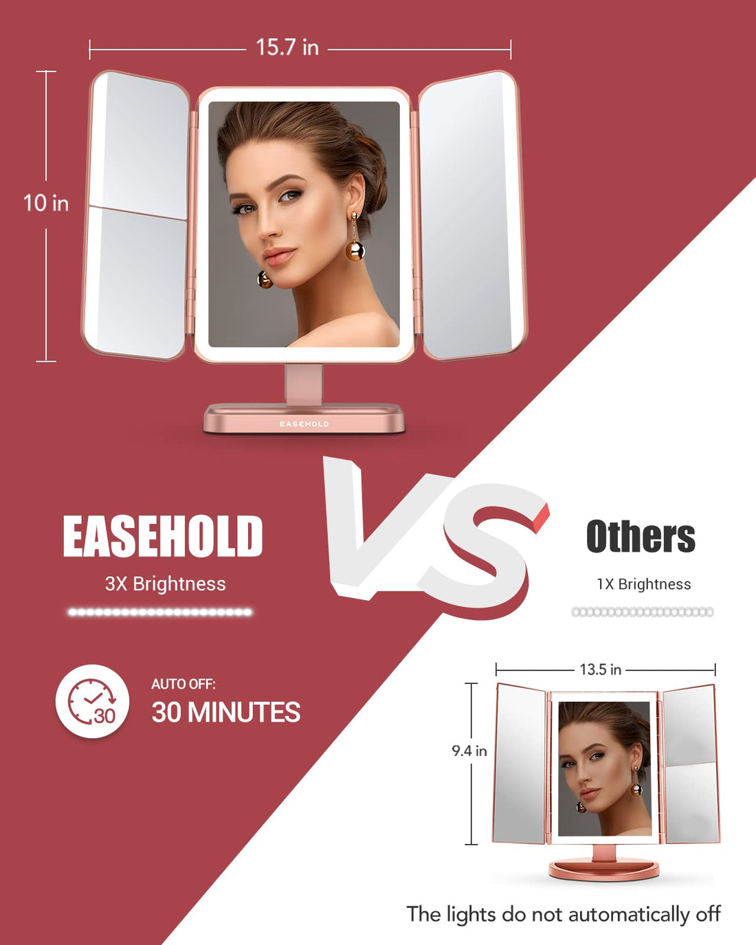 EASEHOLD Rechargable Makeup Mirror Vanity Mirror with Lights, 5000Mah & USB Cable, 112 LEDs Lighted Trifold Mirror with 1X 2X 3X 10X Magnification, Smart Touch, Portable Cosmetic Beauty Mirror