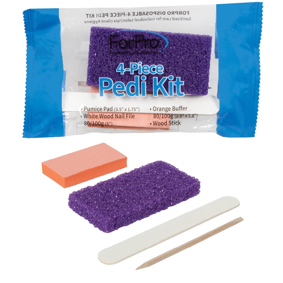 ForPro Basics 4-Piece Pedicure Kit, Purple Pumice Pad, White Wood Nail File 100/180 Grit, Orange Mini Buffer 100/180 Grit, Wood Stick, Individually-Packed, 200-Count