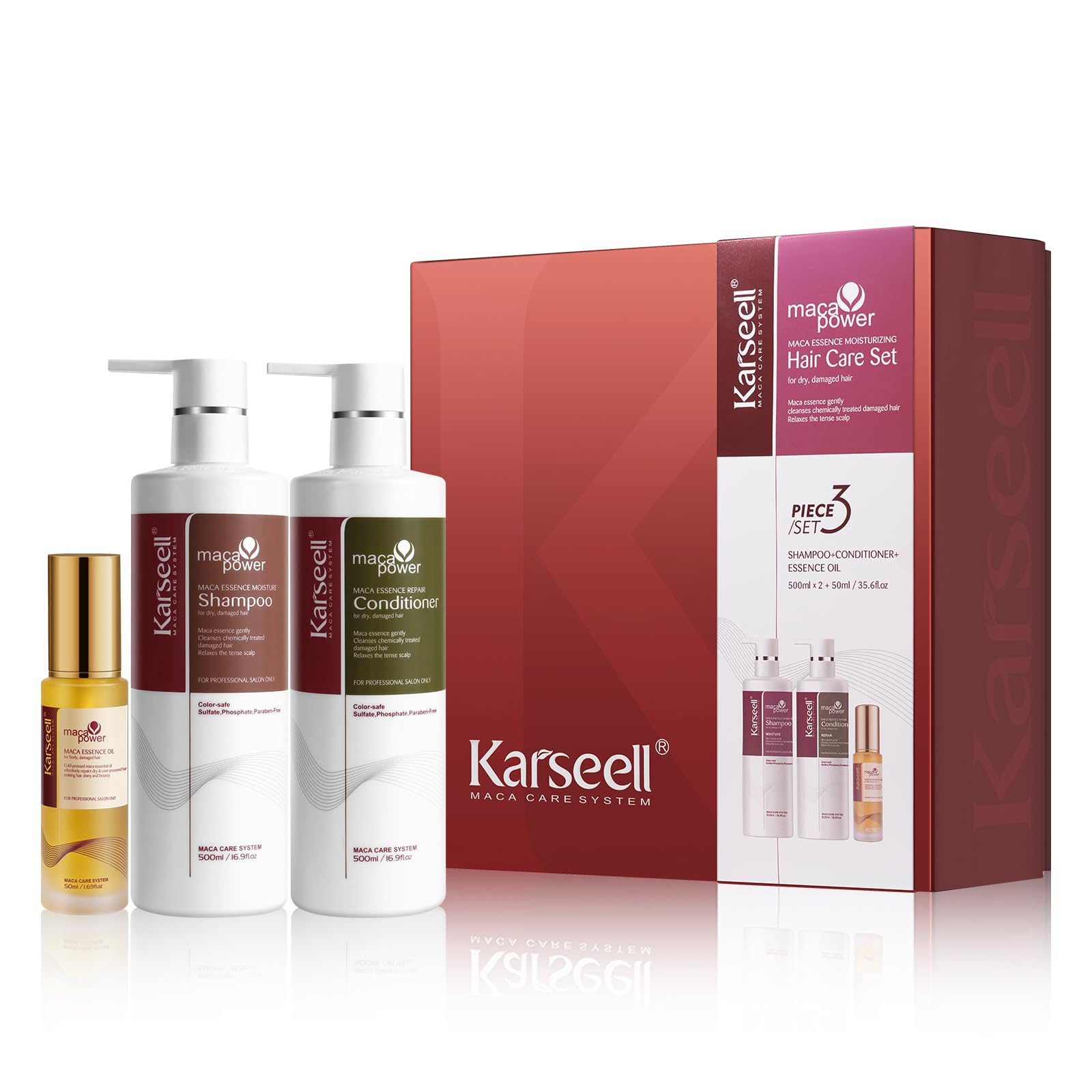 Karseell Collagen Hair Treatment Maca Essence Hair Care Set, Hair Oil Shampoo and Conditioner Set for Dry Damaged Hair All Hair Types 2 x 16.9fl.oz + 1.69fl.oz