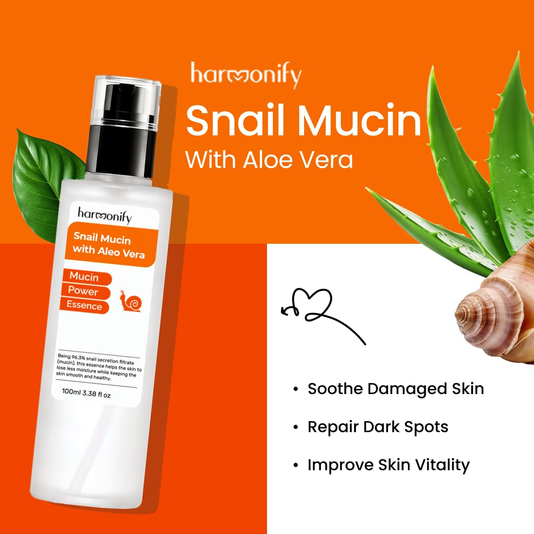 HARMONIFY Snail Mucin Serum for Face with Aloe Vera, 96,3% Snail Secretion Filtrate Repairing Essence, Korean Skin Care Hydrating Facial Serum, Personal & Skin Care, 3.38 fl.oz