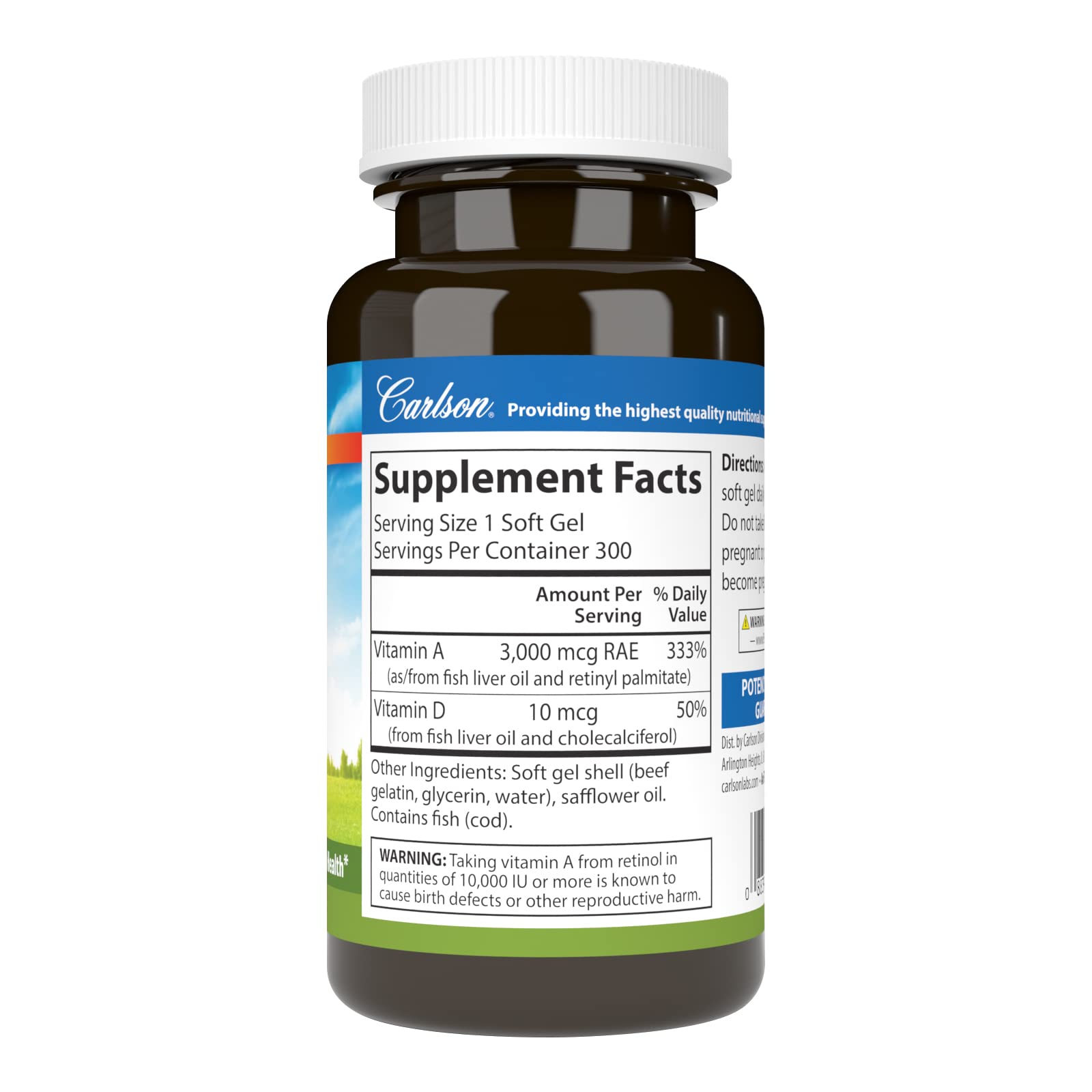 Carlson - A & D, 10000 IU (3000 mcg RAE) Vitamin A, 400 IU (10 mcg) Vitamin D3, Vision Support, Skin Health, 300 Soft Gels