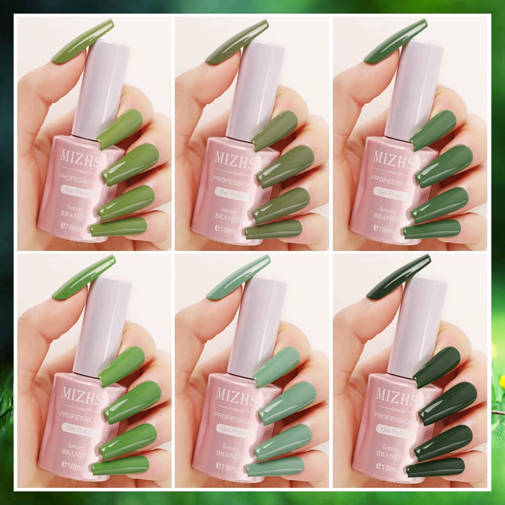 MIZHSE Gel Nail Polish Set Olive Green Color Series 6 Colors Nail Art Soak Off UV LED Gel Polish Gift Kit 18 ML