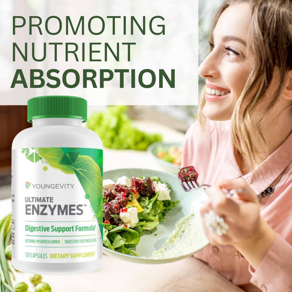 Youngevity Ultimate Enzymes® - Multi Enzymes for Digestion, Gas & Bloating Relief - Betaine HCl, Ox Bile, Pancreatine 10X, Papain 6M, Pepsin 1:3000 (120 Capsules)