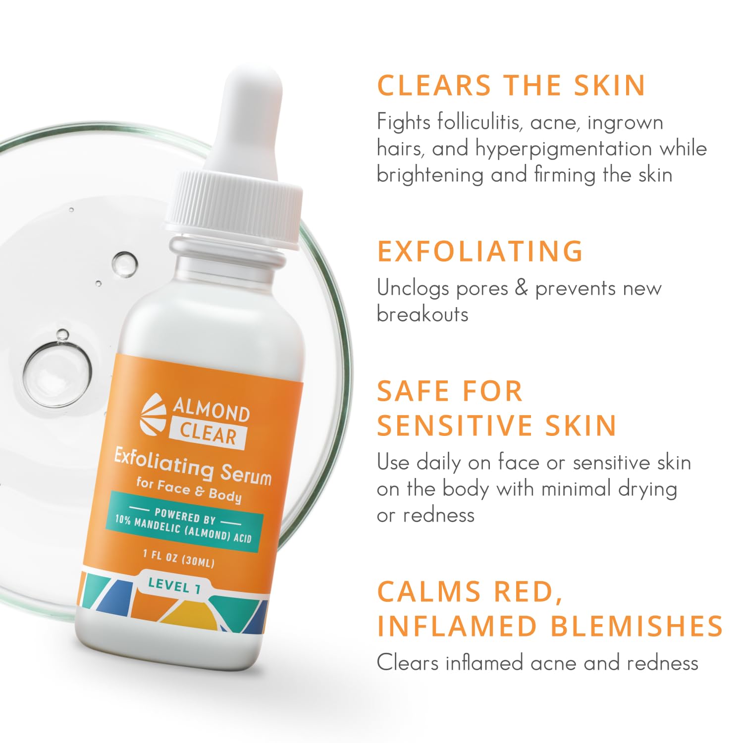 Body Clearing Serum Level 1- for body acne, folliculitis, ingrown hairs, scars, sun damage - butt, chest, back, thighs - mandelic acid - naturally antibacterial/antifungal | by AlmondClear