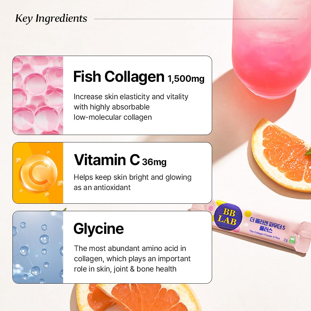 BB LAB Collagen Powder S Plus Halal, Low Molecular Korean Collagen Powder Stick Supplement, Marine, Fish Collagen Peptides, Vitamin C, Glycine, Fast Absorption, Grapefruit Flavor